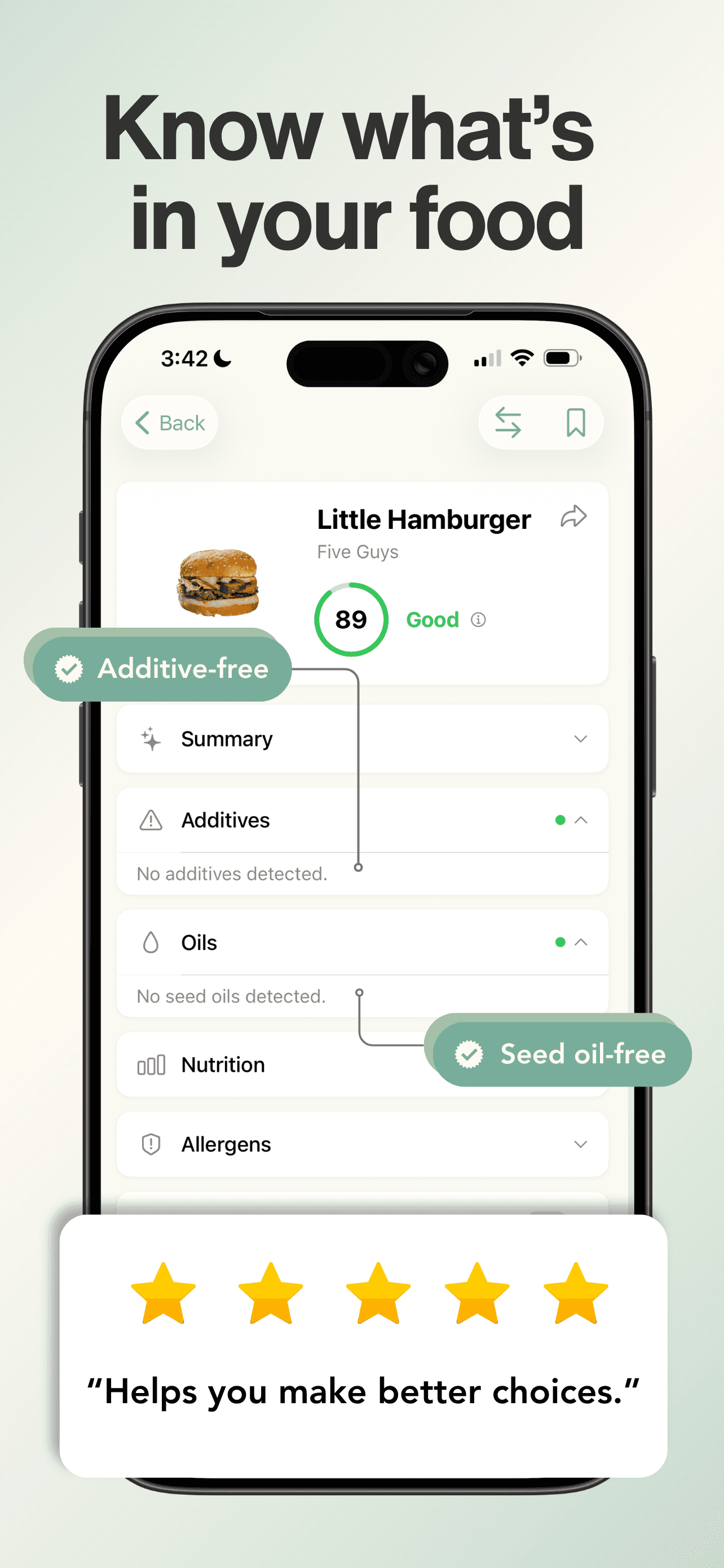 PRūF preview showing additive-free and seed oil-free item details