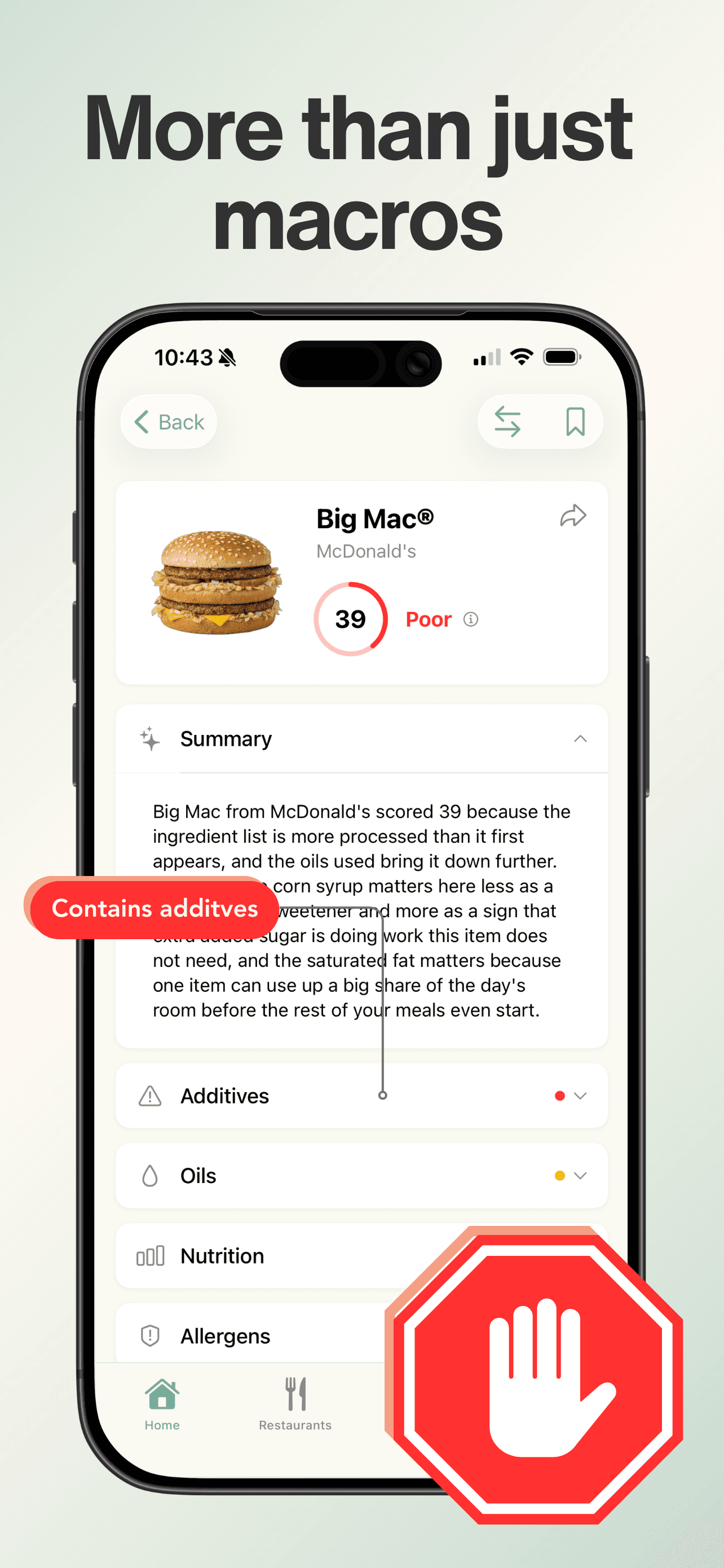 PRūF preview showing a Big Mac score and additive warning