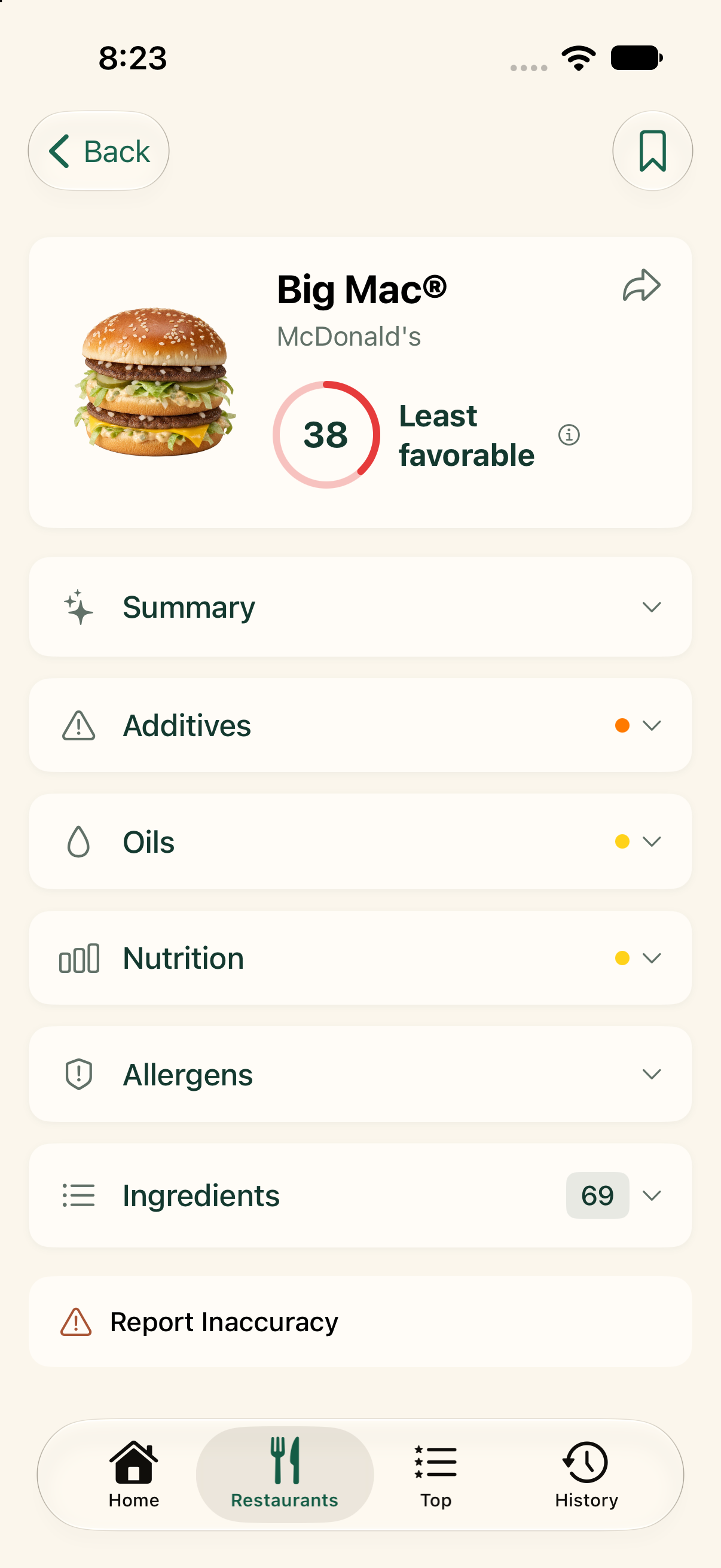 The current PRūF app showing the Big Mac menu item and its ingredients, nutrition, allergen, additive and oil sections.