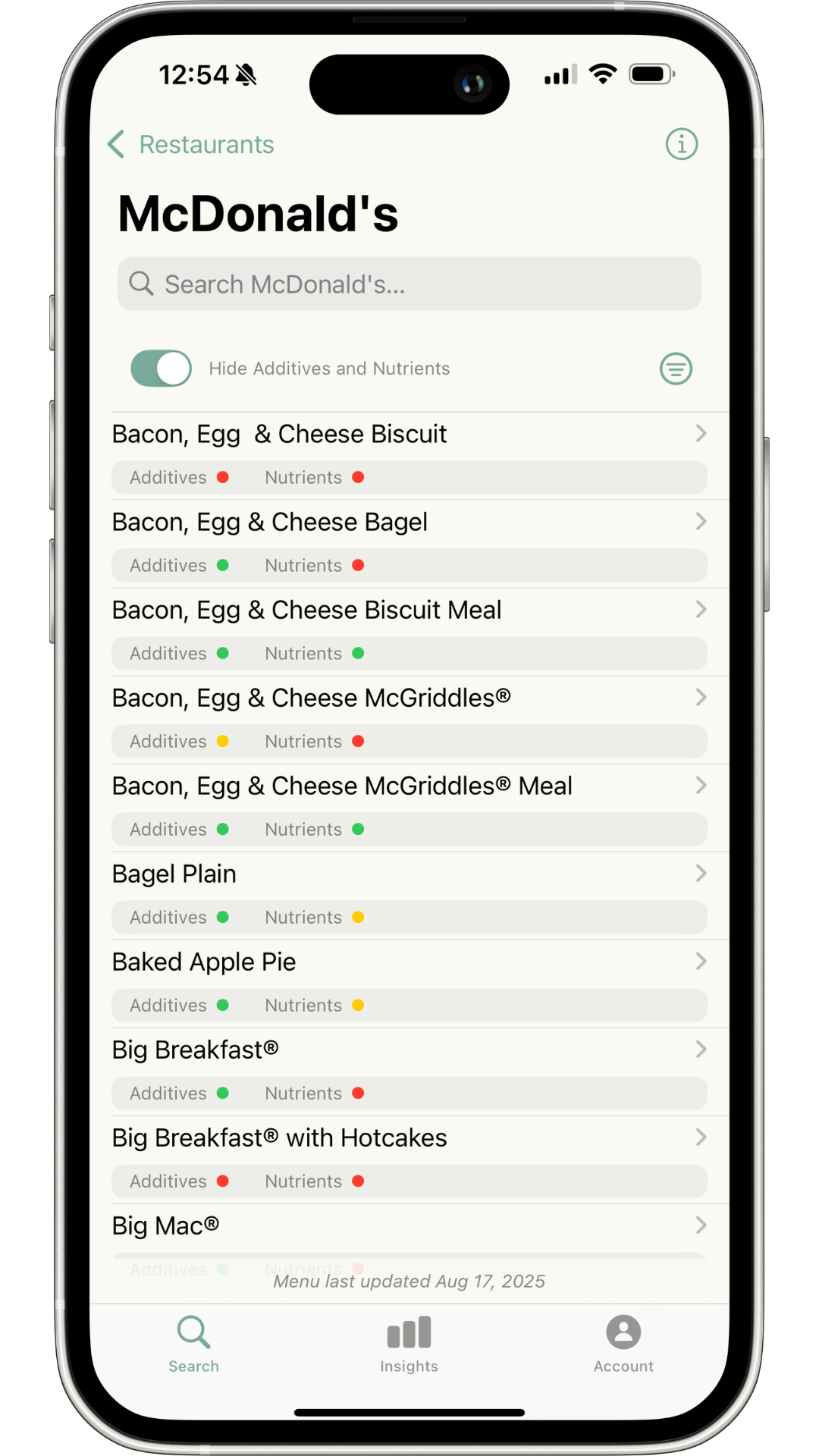 PRūF menu with traffic-light indicators